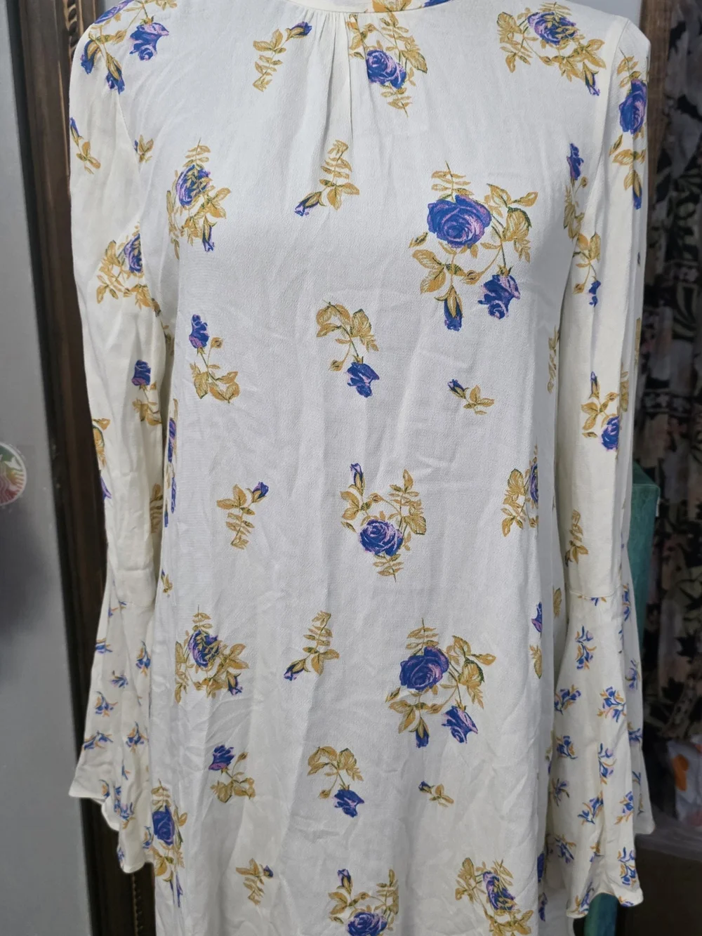 Free People White Long-Sleeve Floral Dress with Blue & Gold Roses